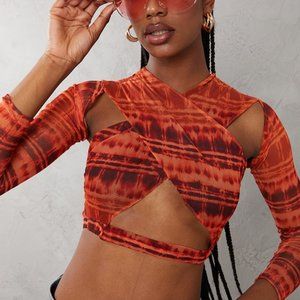 New Pretty Little Thing Abstract Orange Mesh Top Size UK 6 / SM